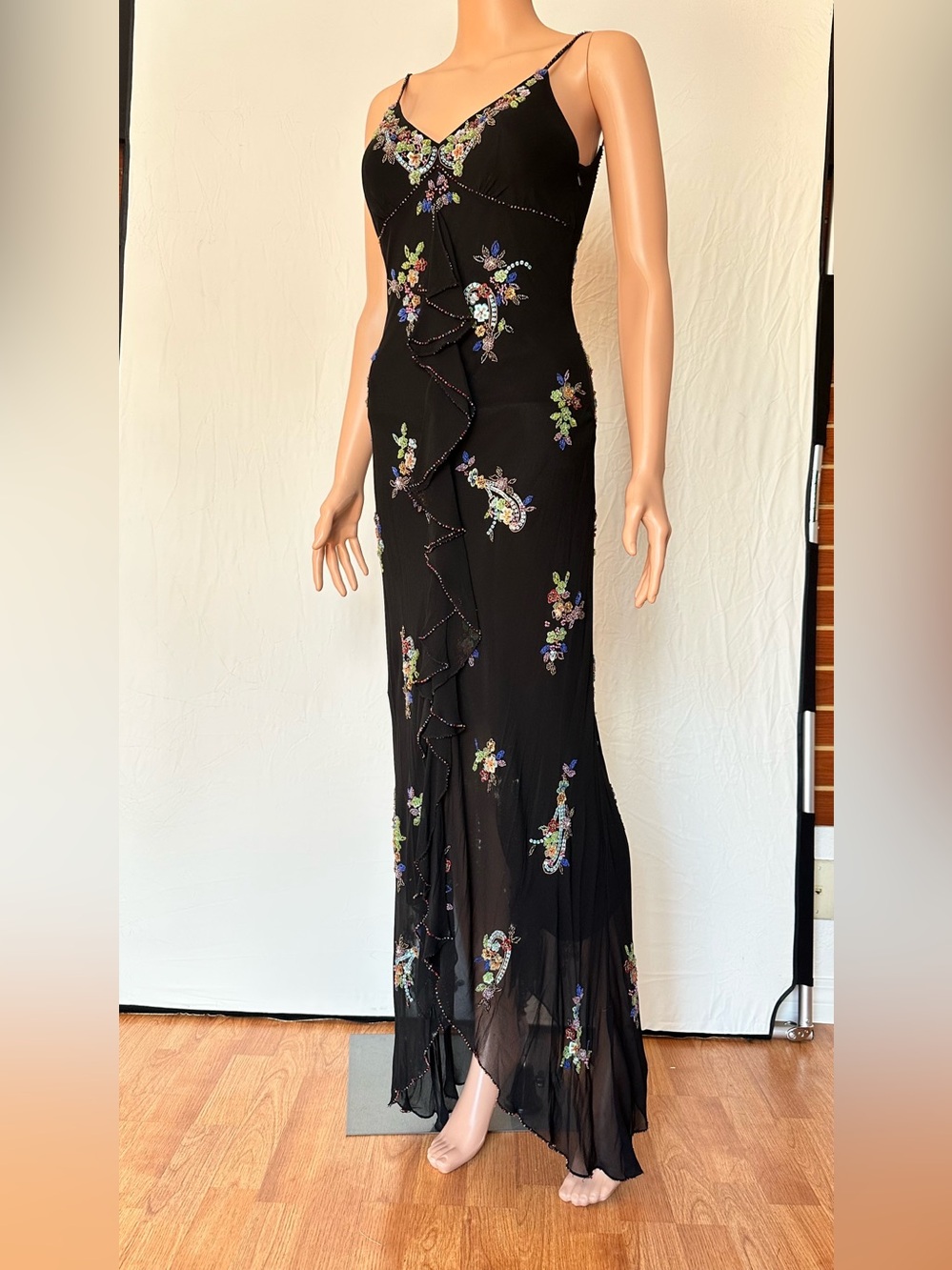 Sue Wong Black Beaded Floral Maxi Slip Dress